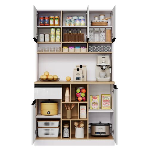 Buffet haut de cuisine Cuisine Blanc- Armoire de cuisine moderne avec 1 tiroir & 2 placards & étagères- Anti-basculement- 105×45×185cm- Blanc