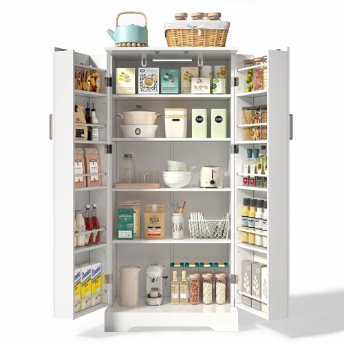 Buffet haut de cuisine Cuisine- Armoires de Cuisine avec éclairage LED- 5 niveaux- 10 étagères de porte- Montage facile- 60×35×128cm- Blanc