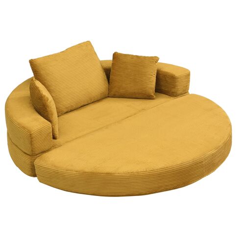 Canapé Lit Convertible Sans Armatures 173x176 cm-Sofa Modulable Ovale en Velours Côtelé- Couchage Confortable avec Coussins-Jaune