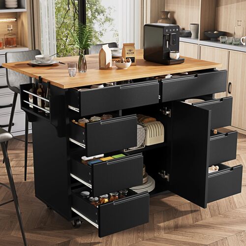 Buffet de cuisine- Armoire de Cuisineavec Roulettes et Plan de Travail- 8 Tiroirs- Extensible- Roulettes Freinées- Noir
