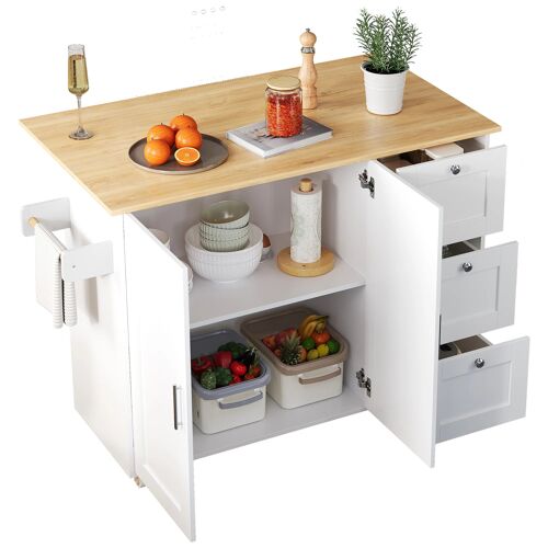 Ilot de cuisine Mobile Blanc¿ 135×44(70)×90 cm ¿plateau imitation chêne ¿rabattable ¿3 tiroirs et porte¿serviettes¿pour cuisine/salle à manger