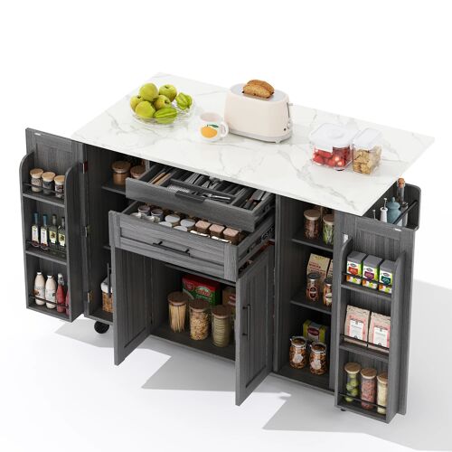 Ilot Central Cuisine Mobile- Desserte Cuisine avec Plan de travail extensible- Tiroir à couverts dissimulé et Étagères réglables- 136×45(70)×92cm-Gris
