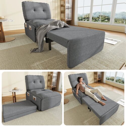Canapé lit extensible invisible 2 en 1- tissu lin- 195x81- 5 cm (fauteuil/chaise longue)- surface de sommeil 165x80 cm-Gris