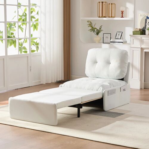 Canapé lit extensible invisible 2 en 1- tissu lin- 195x81- 5 cm (fauteuil/chaise longue)- surface de sommeil 165x80 cm-Blanc