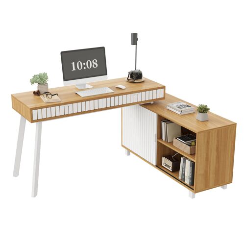 Bureau d'angle en Forme L- Avec 2 tiroirs & grand placard & Étagère réglable- en MDF- Structure stable Charge 60 kg- Blanc