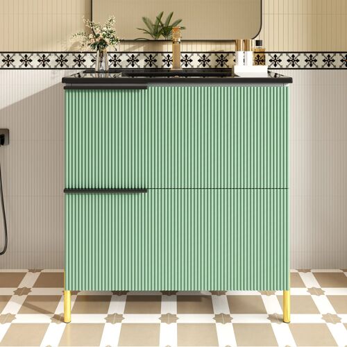Meuble lavabo simple sur pied pour salle de bain- meuble de rangement avec tiroirs en MDF et lavabo céramique- couleur vert