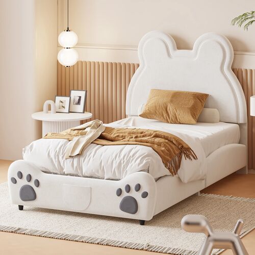 Lit Simple 90x200 cm Pour Enfant- Ours Capitonné- Velours- Hypoallergénique-Confortable et Durable- Blanc