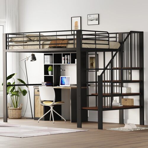 Lit Mezzanine avec Escalier 140x200cm- Structure Métallique Stable- Escalier Intégré- Stable & Durable Pour Enfants & Adultes- Noir