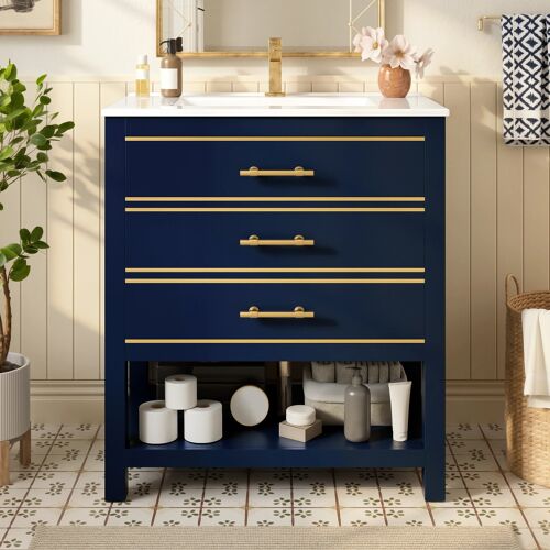 Meuble de salle de bain sur pied avec lavabo céramique- 2 tiroirs et niche ouverte- MDF laqué- poignées dorées- Noir