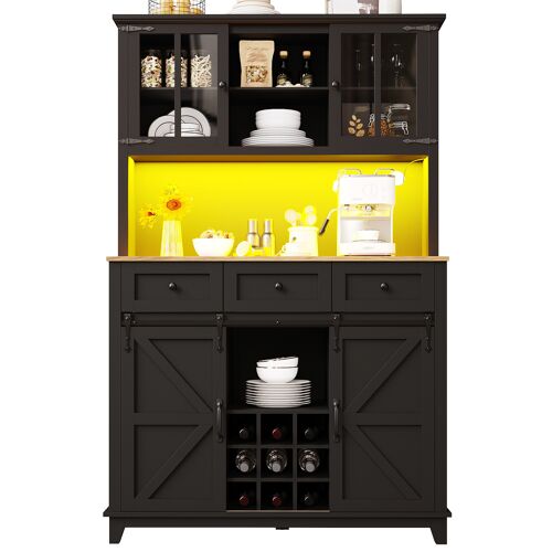 Buffet de Cuisine- Armoire haute Cuisine avec LED- 3 étagères réglables & 3 Tiroirs- Anti-basculement- 105×38- 4×180 cm- Noir