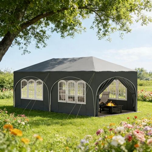Tonnelle De Jardin 3x6m- Tente De Réception Hauteur Réglable- Mécanisme Pop-Up- 6 Parois Amovibles- Protection Uv- Gris
