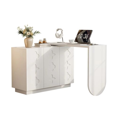 Bureau d'angle rotatif blanc 110 cm- Table pivotante 360°- 3 armoires avec étagères réglables- Pliable- Soft-close- Gain de place- Pour bureau/coiffeuse/salle à manger