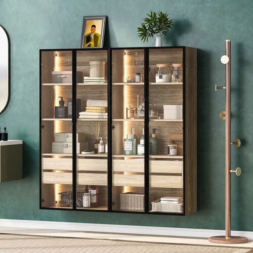 Lot de 2 meubles de salle de bain 73 cm avec éclairage LED- 2 tiroirs et 2 portes vitrées