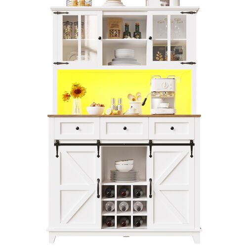 Buffet de Cuisine- Armoire haute Cuisine avec LED- 3 étagères réglables & 3 Tiroirs- Anti-basculement- 105×38- 4×180 cm- Blanc