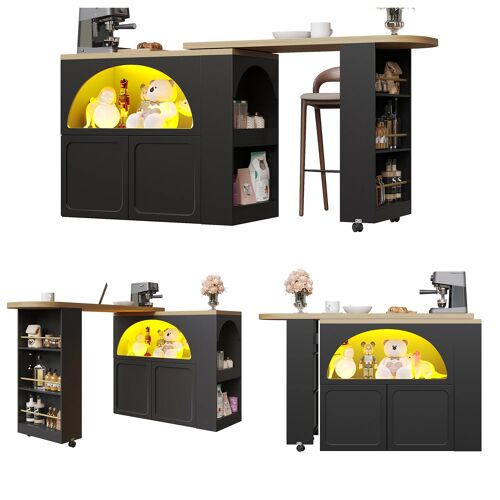 Table de bar Extensible Noire 135-205×39×100 cm- Ilot de cuisine avec LED connectée (App)- Port USB- étagère snacks et réglables