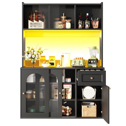 Buffet haut de cuisine 167 cm Noir¿Portes coulissantes en verre ¿Étagères réglables ¿LED musicale (APP) ¿Anti-basculement