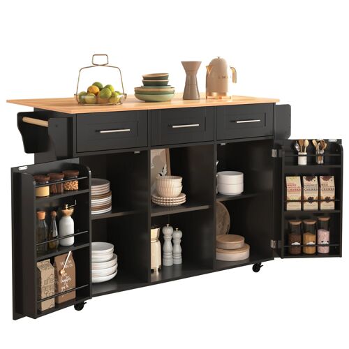 Ilot Central Cuisine Mobile-Desserte Cuisine avec Plan de travail extensible-3 tiroirset3 compartiments réglablesetPorte-serviette¿139×46(71)×91- 5 cm-Noir