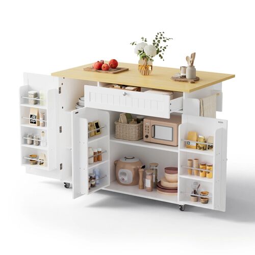 Ilot de cuisine mobile avec plan de travail rabattable ¿ Chariot de cuisine ¿ Table de bar ¿ Avec tiroir et armoire de rangement ¿ 3 étagères de porte ¿ 120 × 45 (70) × 92 cm