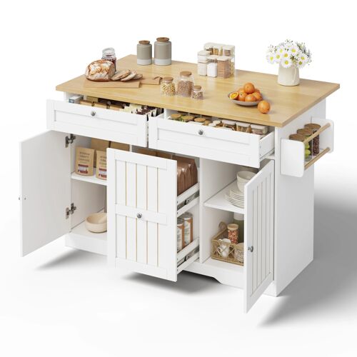 Ilot de Cuisine Mobile 120×45(70)×92 cm- Plateau Rabattable- Tiroirs et Roulettes Verrouillables Blanche