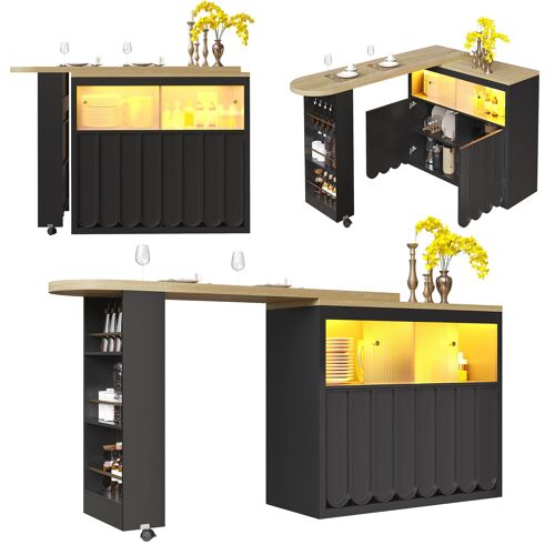 Table de bar extensible- Ilot de cuisine avec Lumière LED- Étagère snacks- Portes et Port USB- App Contrôle- 135-205×39×100 cm- Noir