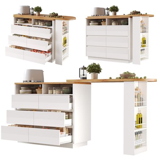 Ilot de Cuisine Extensible 137-215×39×102.3cm- Buffet de cuisine Avec 6 Tiroirs- Roulettes Verrouillables- Table de Bar- Blanc