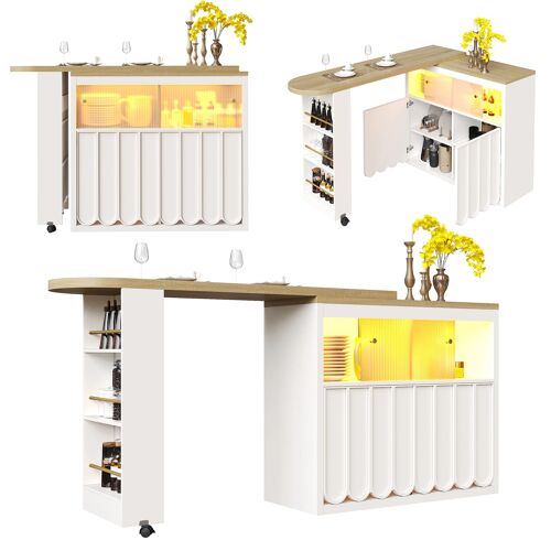Table de bar extensible- Ilot de cuisine avec Lumière LED- Étagère snacks- Portes et Port USB- App Contrôle- 135-205×39×100 cm- Blanc