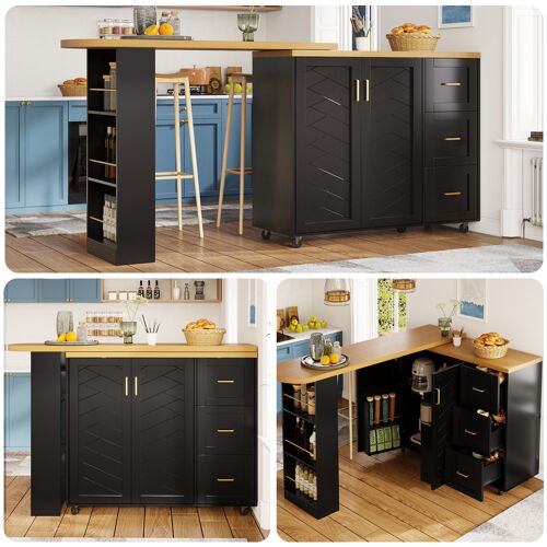 Ilot de Cuisine Extensible Noir 135-228 cm- Buffet Roulant avec 2 Portes 3 Tiroirs et Panier Latéral- Plateau Finition Bois