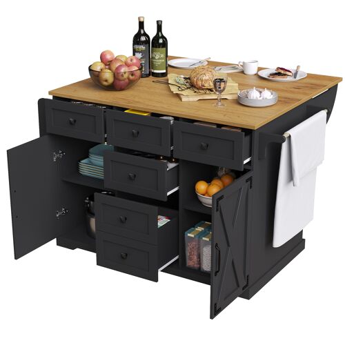 Ilot central Cuisine Mobile- Desserte cuisine avec plan de travail rabattable- 6 tiroirs & 2 Ports- En MDF- Noir