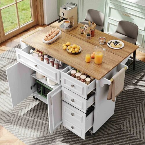 Desserte Cuisine- Ilot Central Cuisine avec 5 Tiroirs et 2 Niveaux- Chariot à service amovible vintage- 110×45-75×92cm- blanc
