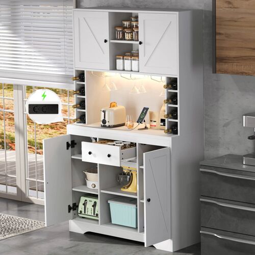Meuble haut de cuisine 180 x 105 x 40cm- étagères ajustables- tiroir- porte-verres en acier inoxydable- LED et prises- blanc