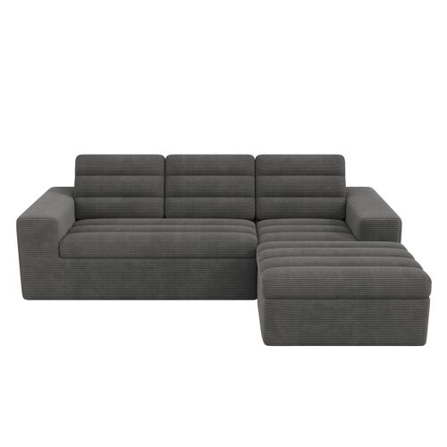 Canapé d'angle modulaire- 4 places- avec ottoman- coussins inclus- velours côtelé- pour salon- hôtel- 253x161x89cm- Gris