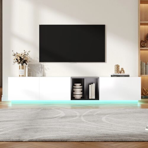 Meuble TV 190 x 40 x 35cm- Avec Tiroirs et Étagères Ouvertes- Robuste & Facile d'Entretien- Noir et Blanc