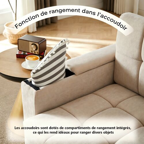 Canapé convertible- 2 places- rangements- porte-gobelets- coussins inclus- chenille- structure robuste- 149x81x86cm- Beige