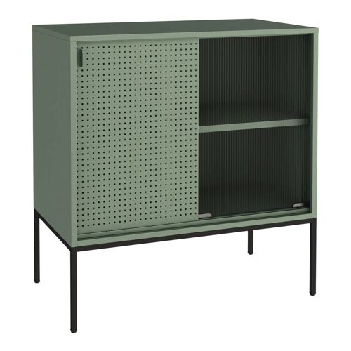 Buffet commode meuble de rangement 85 x 80 x 45 cm salon entré chambre métallique acier verre ondulé vert 03_0009036