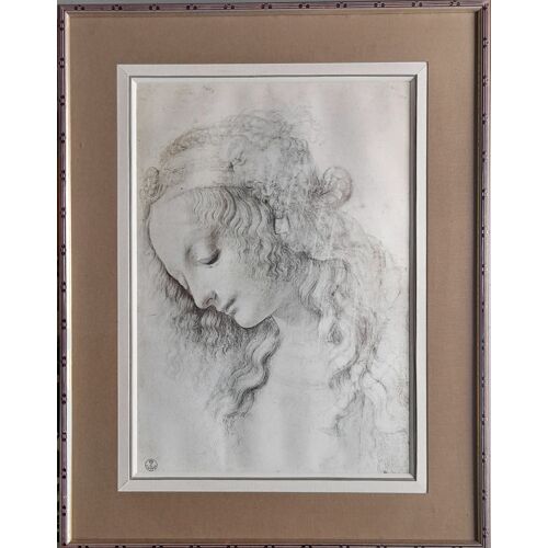 Léonard De Vinci - Etude De La Vierge Marie Reproduction Encadré Avec Passe-Partout, Crochet De Fixation. Tampon Gallérie Des Offices Florence 65 X 50 (Dessin 46 X 32)