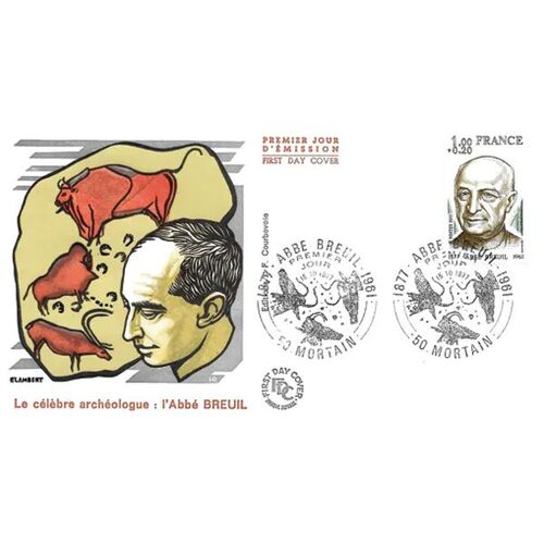 France 1977, Très Belle Enveloppe 1er Jour État Neuf, Timbre Yvert 1954, L'Abbé Breuil, Célèbre Archéologue, Cachet De Mortain - Manche, Belle Illustration Couleur Relief.