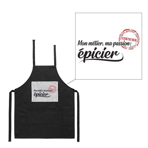 Tablier noir de cuisine barbecue métier passion épicier imprimé