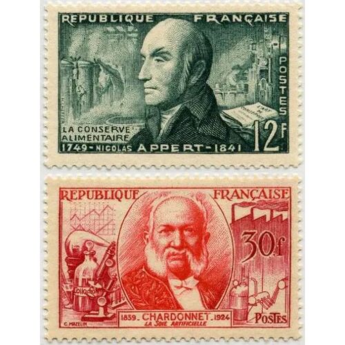 France 1955, Très Beaux Timbres Neufs** Luxe Yvert 1014 Et 1017, Inventeurs, Nicolas Appert, La Conserve Alimentaire, Et Chardonnet, La Soir Artificielle .