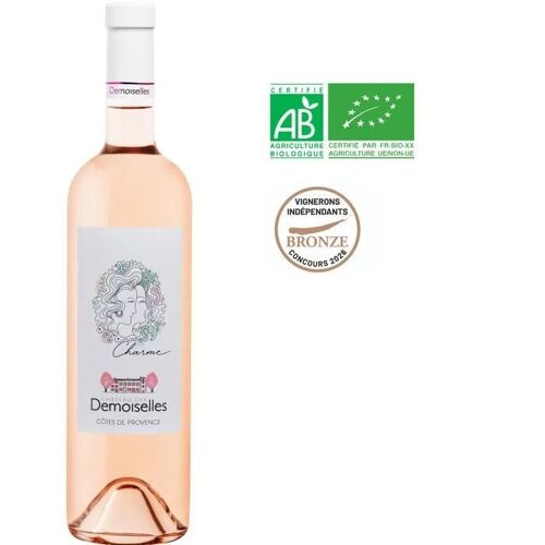 Vin Rosé Bio Aop Côtes De Provence 2025 Charme Des Demoiselles, Bouteille Élancée
