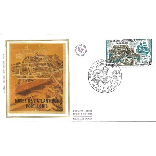 France 1976, Très Belle Enveloppe 1er Jour, Timbre 1913, Musée De L'atlantique À Port Louis, Voilier Duchesse Anne, Belle Illustration Soie, Neuve**