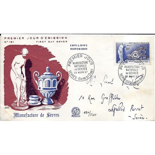 France 1957, Belle Enveloppe 1er Jour, Timbre Yvert 1094, Manufacture Nationale De Sèvres, Cachet De Sèvres, Belle Illustration Couleur Relief.