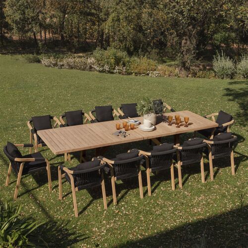 Set De Table Rectangulaire Extensible 200-260-320x100 Cm Et 12 Chaises De Jardin Avec Accoudoirs En Bois D'acacia Dubai Acacia Rustique Marron