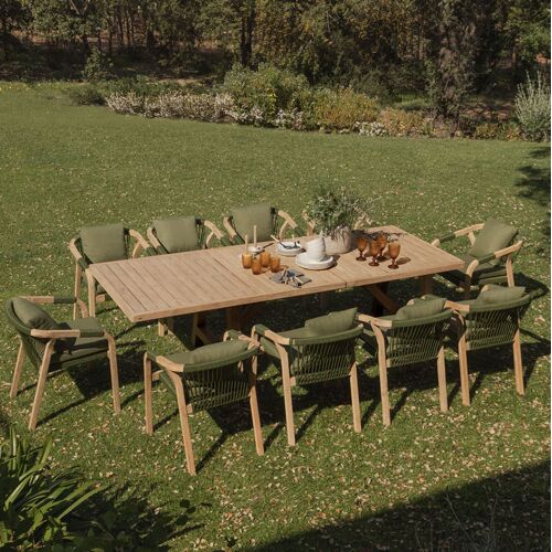 Set De Table Rectangulaire Extensible 200-260-320x100 Cm Et 10 Chaises De Jardin Avec Accoudoirs En Bois D'acacia Dubai Acacia Rustique Marron
