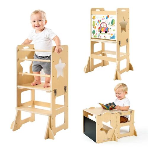Tour d'Apprentissage en Bois 4 en 1-Duoku-pour Enfants de 1 à 5 Ans, Ensemble Montessori avec Table, Tableau Noir et Marchepied