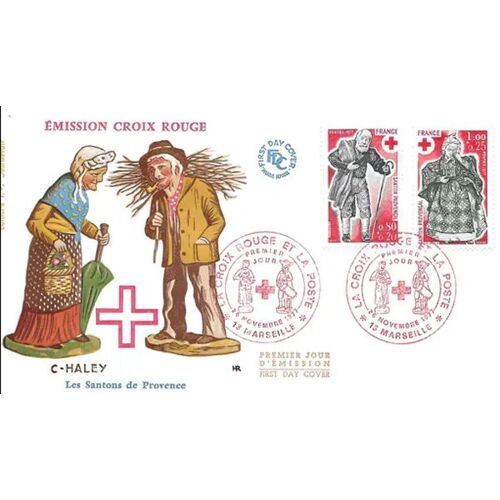 France 1977, Très Belle Enveloppe 1er Jour État Neuf, Timbres Yvert 1959 Et 1960, Au Profit De La Croix Rouge, Santons De Provence, Belle Illustration Couleur Relief De C. Haley, Cachet De Marseille.