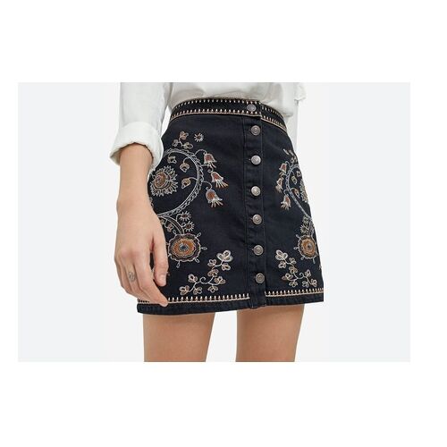 Jupe Courte Brodée Noire Denim & Co Coton Taille 48 Large Style Bohème Boutonnage Devant Short Skirt Broderie Bohemian