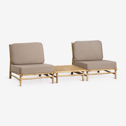Ensemble De Jardin Avec 2 Fauteuils Et Table Basse Carrée 75x75 Cm En Bambou Isendra