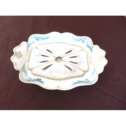 Plat À Asperges Ancien ¿ Art Nouveau 1900 ¿ Faïence Émaillée + Égouttoir ¿ Très Bel État