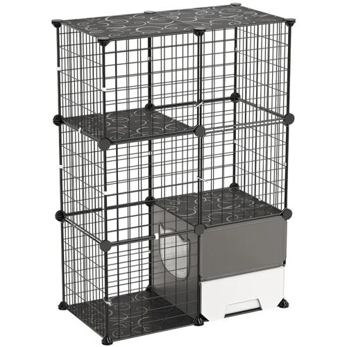 Cage Intérieure Pour Chats À 3 Niveaux-Duoku-71,1x45,5x104,1 Cm, Noir Adapté Pour 1 À 2 Chats Ou Petits Animaux, Structure En Métal