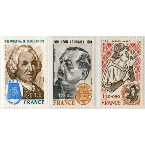 France 1979, Série Personnages, Très Beaux Timbres Neufs** Luxe Yvert 2029 Maréchal De Bercheny, 2030 Léon Jouhaux, 2031 Abélard.